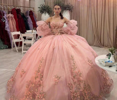 Misshow Pink Tulle Quinceanera Dress Sweetheart Neckline Puff Sleeves & 3D Floral Lace Appliques for Sweet 16 & Princess Parties
