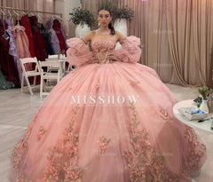 Misshow Pink Tulle Quinceanera Dress Sweetheart Neckline Puff Sleeves & 3D Floral Lace Appliques for Sweet 16 & Princess Parties