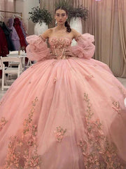 Misshow Pink Tulle Quinceanera Dress Sweetheart Neckline Puff Sleeves & 3D Floral Lace Appliques for Sweet 16 & Princess Parties