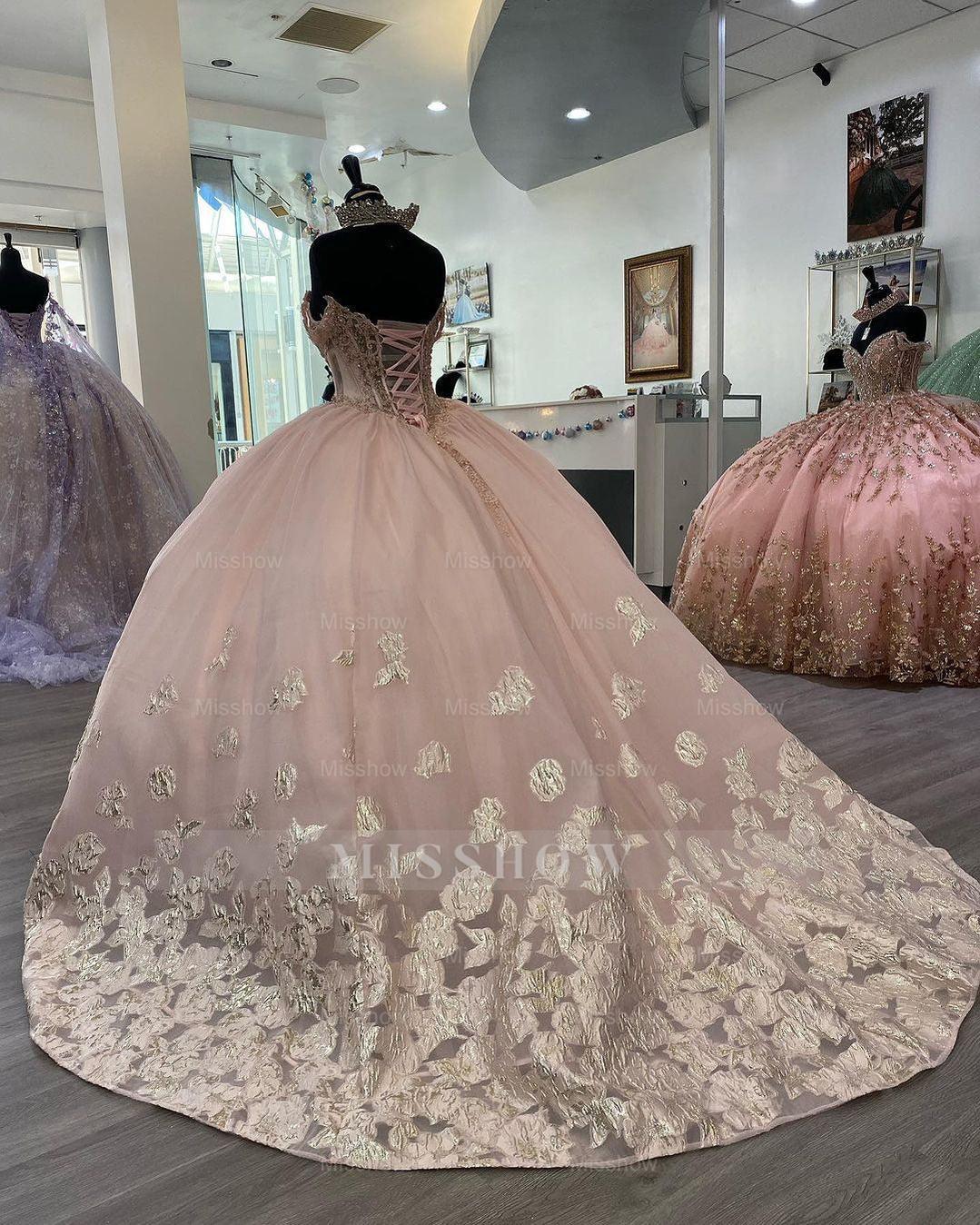 Misshow Pink Tulle Quinceanera Dress Sweetheart Off-Shoulder Ball Gown with Lace Appliques & Beaded Details for Prom Sweet 16 or Princess-Themed Parties
