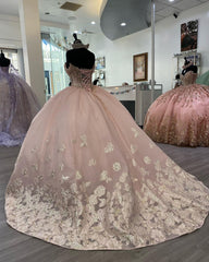 Misshow Pink Tulle Quinceanera Dress Sweetheart Off-Shoulder Ball Gown with Lace Appliques & Beaded Details for Prom Sweet 16 or Princess-Themed Parties