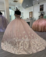 Misshow Pink Tulle Quinceanera Dress Sweetheart Off-Shoulder Ball Gown with Lace Appliques & Beaded Details for Prom Sweet 16 or Princess-Themed Parties