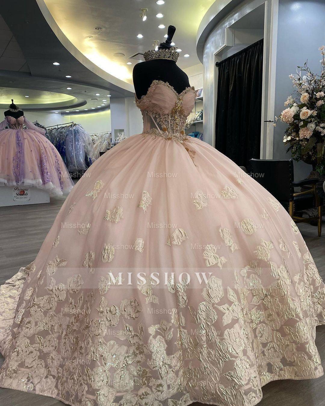 Misshow Pink Tulle Quinceanera Dress Sweetheart Off-Shoulder Ball Gown with Lace Appliques & Beaded Details for Prom Sweet 16 or Princess-Themed Parties