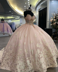 Misshow Pink Tulle Quinceanera Dress Sweetheart Off-Shoulder Ball Gown with Lace Appliques & Beaded Details for Prom Sweet 16 or Princess-Themed Parties