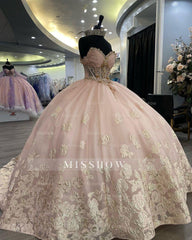 Misshow Pink Tulle Quinceanera Dress Sweetheart Off-Shoulder Ball Gown with Lace Appliques & Beaded Details for Prom Sweet 16 or Princess-Themed Parties