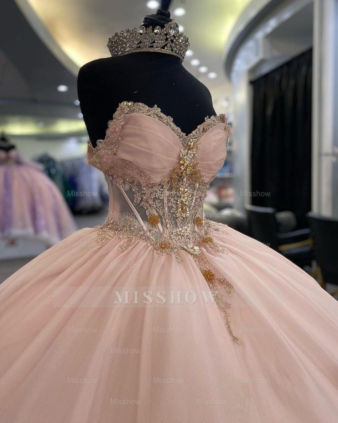 Misshow Pink Tulle Quinceanera Dress Sweetheart Off-Shoulder Ball Gown with Lace Appliques & Beaded Details for Prom Sweet 16 or Princess-Themed Parties