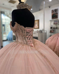Misshow Pink Tulle Quinceanera Dress Sweetheart Off-Shoulder Ball Gown with Lace Appliques & Beaded Details for Prom Sweet 16 or Princess-Themed Parties