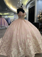 Misshow Pink Tulle Quinceanera Dress Sweetheart Off-Shoulder Ball Gown with Lace Appliques & Beaded Details for Prom Sweet 16 or Princess-Themed Parties