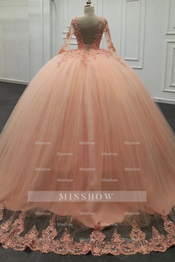 Misshow Pink Tulle Quinceanera Dress V-Neck Ball Gown with 3D Floral Appliques & Beaded Long Sleeves for Sweet 16 & Evening Galas