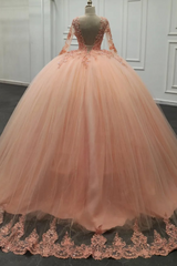Misshow Pink Tulle Quinceanera Dress V-Neck Ball Gown with 3D Floral Appliques & Beaded Long Sleeves for Sweet 16 & Evening Galas