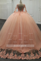 Misshow Pink Tulle Quinceanera Dress V-Neck Ball Gown with 3D Floral Appliques & Beaded Long Sleeves for Sweet 16 & Evening Galas