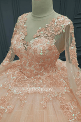 Misshow Pink Tulle Quinceanera Dress V-Neck Ball Gown with 3D Floral Appliques & Beaded Long Sleeves for Sweet 16 & Evening Galas