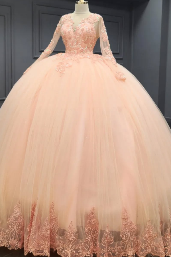 Misshow Pink Tulle Quinceanera Dress V-Neck Ball Gown with 3D Floral Appliques & Beaded Long Sleeves for Sweet 16 & Evening Galas