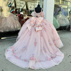 Misshow Pink Tulle Quinceanera Dress V-Neck Ball Gown with Floral Lace Beaded Ruffles & Bow Detail for Sweet 16