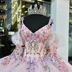 Misshow Pink Tulle Quinceanera Dress V-Neck Ball Gown with Floral Lace Beaded Ruffles & Bow Detail for Sweet 16