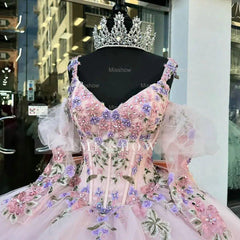 Misshow Pink Tulle Quinceanera Dress V-Neck Ball Gown with Floral Lace Beaded Ruffles & Bow Detail for Sweet 16