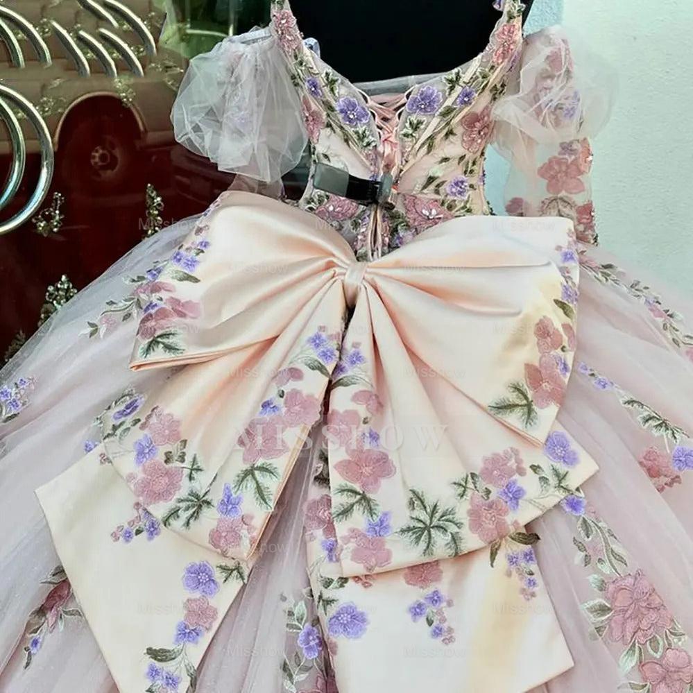 Misshow Pink Tulle Quinceanera Dress V-Neck Ball Gown with Floral Lace Beaded Ruffles & Bow Detail for Sweet 16
