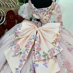 Misshow Pink Tulle Quinceanera Dress V-Neck Ball Gown with Floral Lace Beaded Ruffles & Bow Detail for Sweet 16