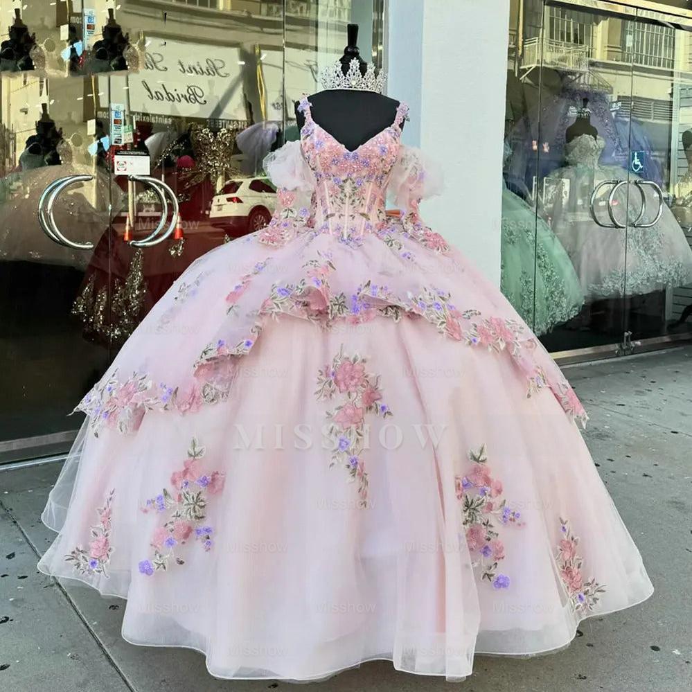 Misshow Pink Tulle Quinceanera Dress V-Neck Ball Gown with Floral Lace Beaded Ruffles & Bow Detail for Sweet 16