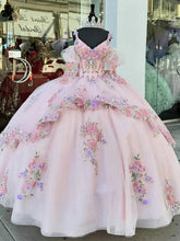 Misshow Pink Tulle Quinceanera Dress V-Neck Ball Gown with Floral Lace Beaded Ruffles & Bow Detail for Sweet 16