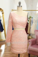 Misshow Pink Two Piece Sequin Homecoming Dress/Mini Dress