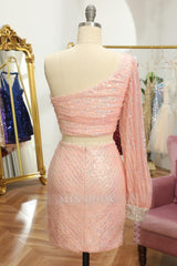 Misshow Pink Two Piece Sequin Homecoming Dress/Mini Dress