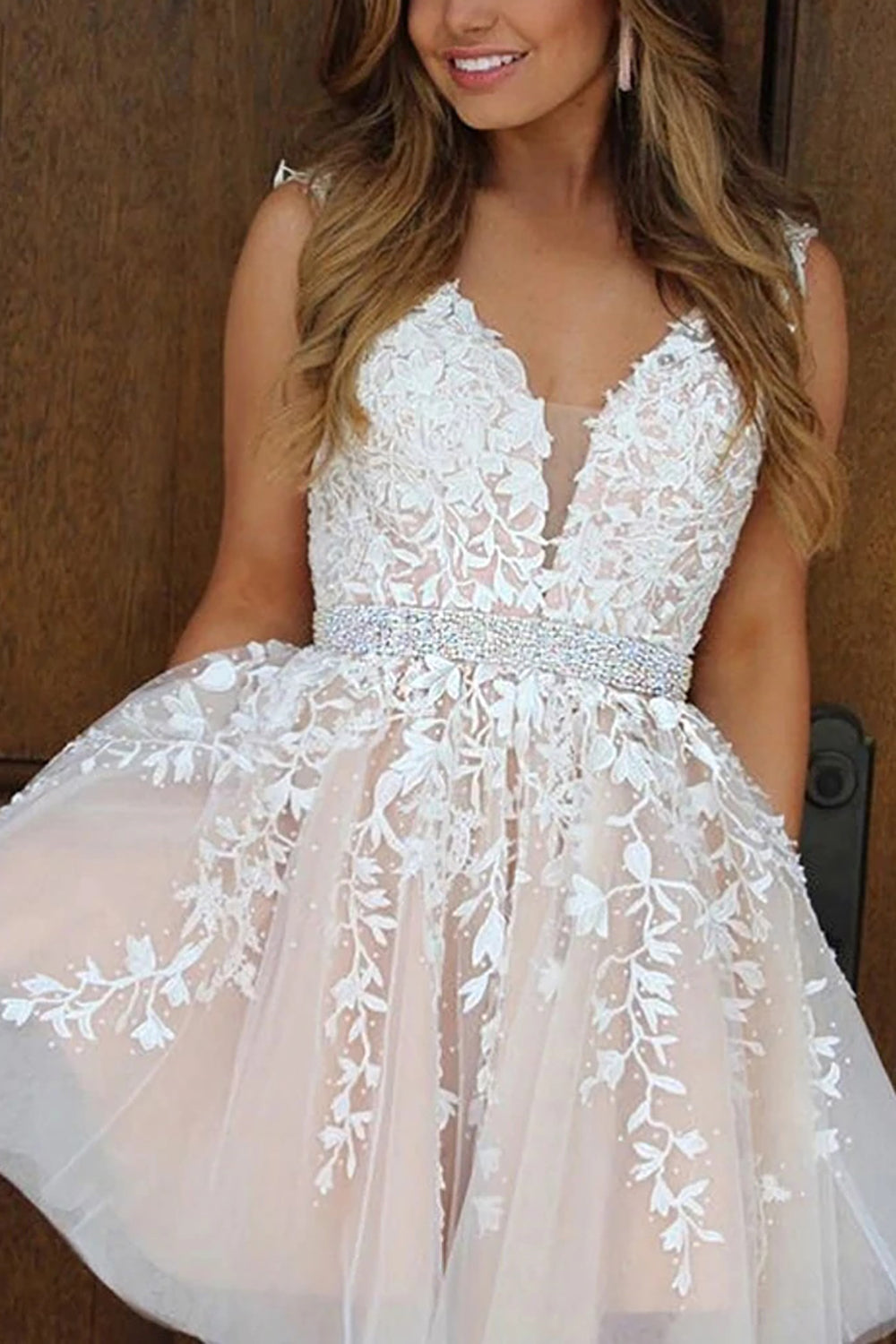 Misshow Pink V Neck A Line Homecoming Dress/Mini Dress