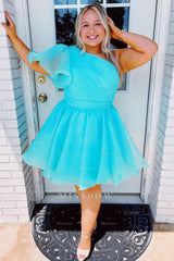 Misshow Purple A-Line One Shoulder Organza Homecoming Dress/Mini Dress with Ruffle