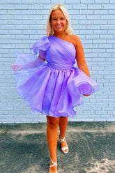 Misshow Purple A-Line One Shoulder Organza Homecoming Dress/Mini Dress with Ruffle