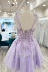 Misshow Purple Corset A-Line Tulle Short Flower Homecoming Dress/Mini Dress with Lace