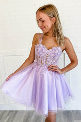 Misshow Purple Corset A-Line Tulle Short Flower Homecoming Dress/Mini Dress with Lace
