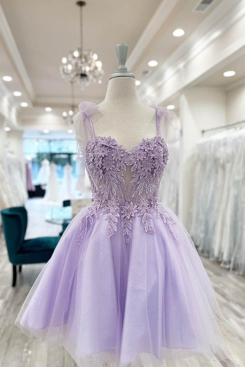 Misshow Purple Corset A-Line Tulle Short Flower Homecoming Dress/Mini Dress with Lace
