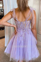 Misshow Purple Corset A-Line Tulle Short Homecoming Dress/Mini Dress with Lace
