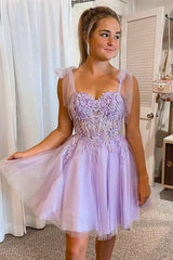 Misshow Purple Corset A-Line Tulle Short Homecoming Dress/Mini Dress with Lace