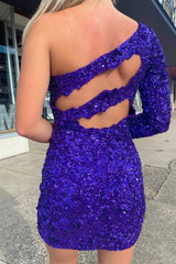 Misshow Purple Cut Out Open Back One Shoulder Sequins Homecoming Dress/Mini Dress