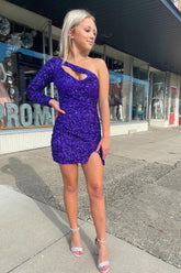 Misshow Purple Cut Out Open Back One Shoulder Sequins Homecoming Dress/Mini Dress