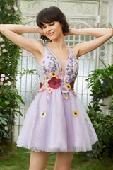 Misshow Purple Deep V Neck Open Back Homecoming Dress/Mini Dress With 3D Flowers