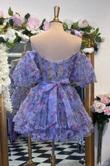 Misshow Purple Floral A-Line Short Homecoming Dress/Mini Dress