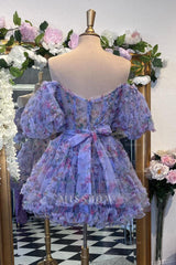 Misshow Purple Floral A-Line Short Homecoming Dress/Mini Dress