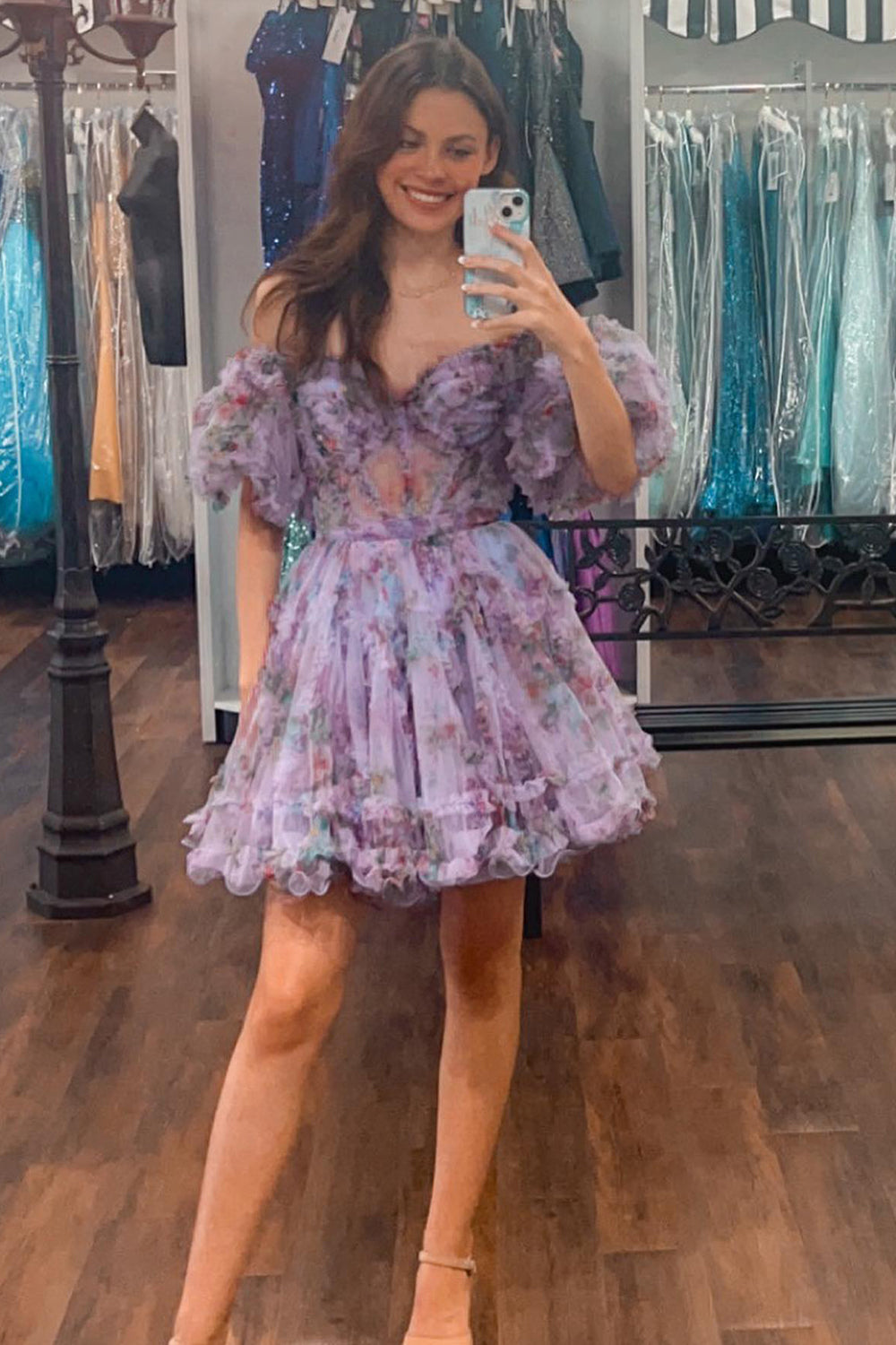 Misshow Purple Floral A-Line Short Homecoming Dress/Mini Dress