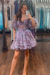 Misshow Purple Floral A-Line Short Homecoming Dress/Mini Dress