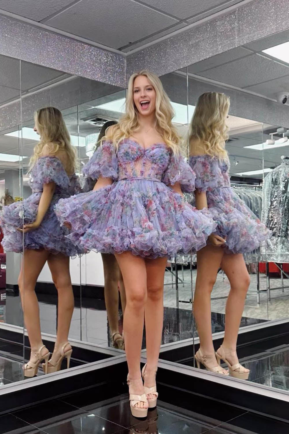 Misshow Purple Floral Off the Shoulder A-Line Short Homecoming Dress/Mini Dress