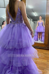 Misshow Purple High Low Tiered Homecoming Dress/Mini Dress with Lace