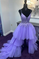 Misshow Purple High Low Tiered Homecoming Dress/Mini Dress with Lace