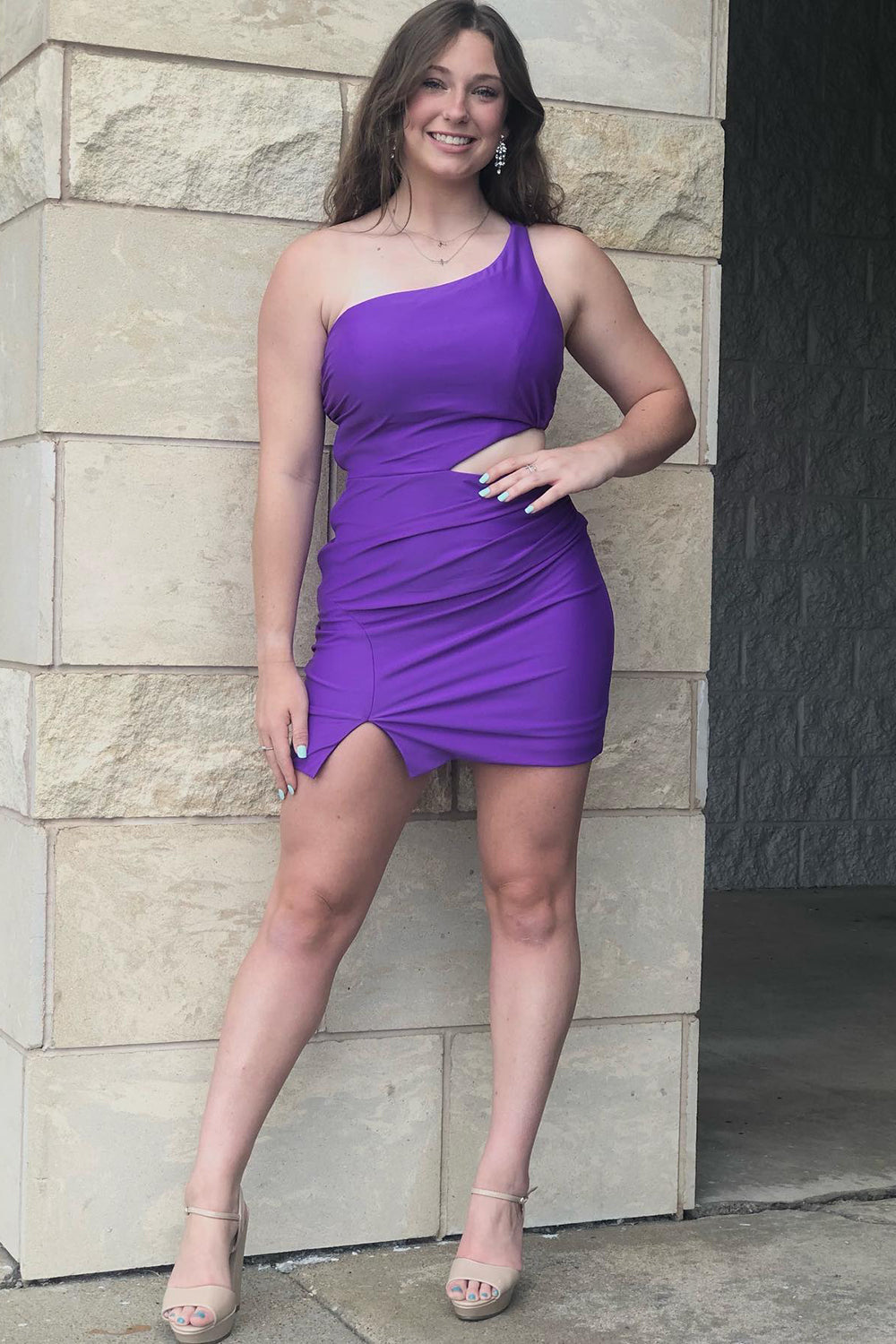 Misshow Purple One Shoulder Homecoming Dress/Mini Dress With Split Front