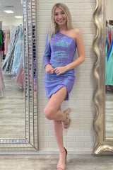 Misshow Purple Sequins One Shoulder Short Homecoming Dress/Mini Dress with Slit