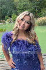 Misshow Purple Sparkly Tight Sequins Homecoming Dress/Mini Dress with Feathers