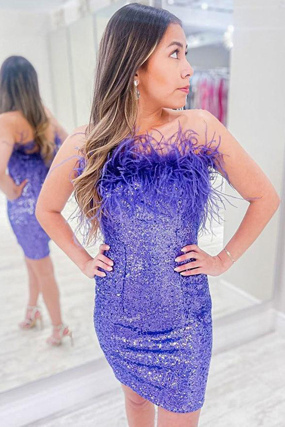 Misshow Purple Sparkly Tight Sequins Homecoming Dress/Mini Dress with Feathers