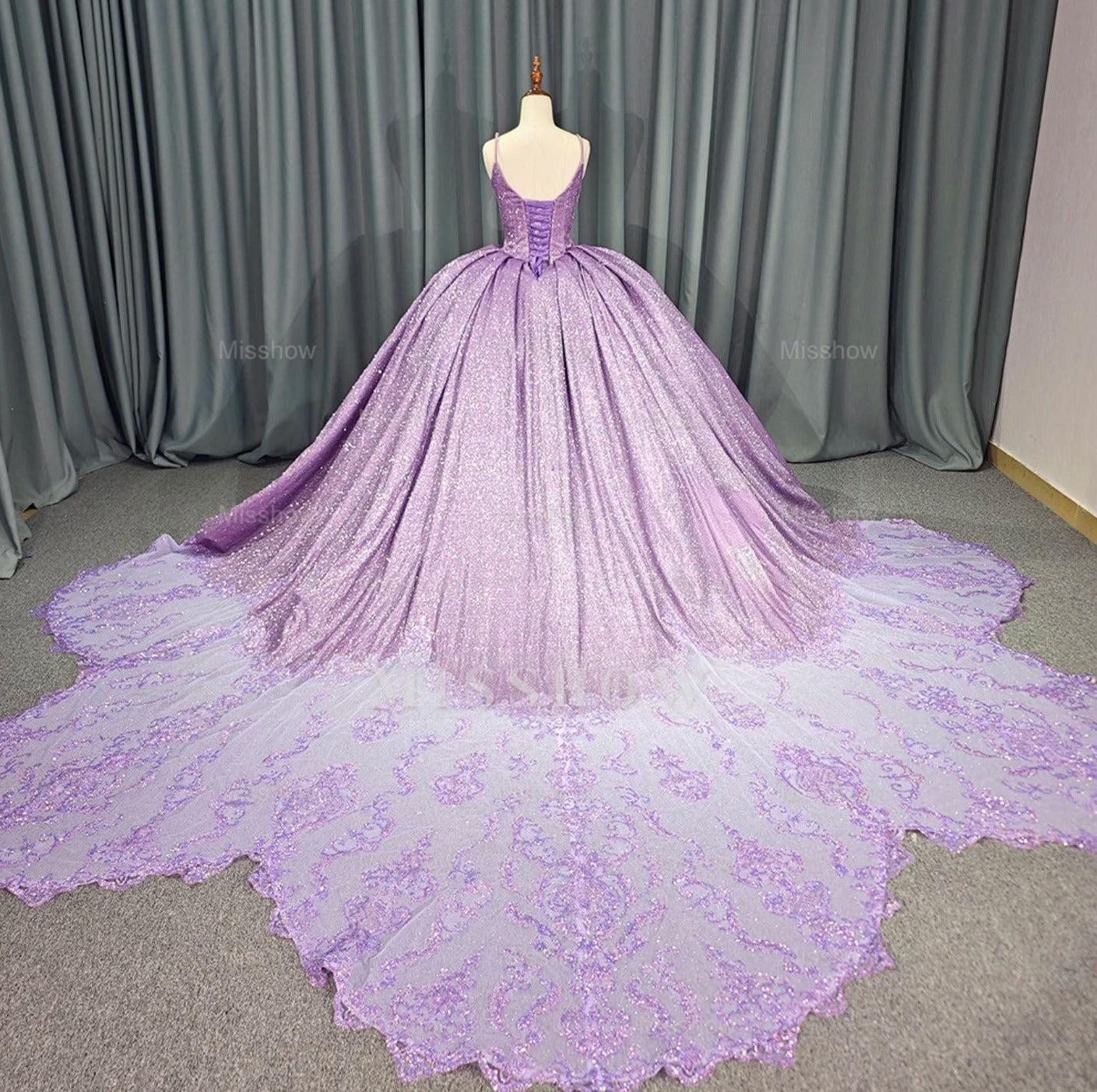 Misshow Purple Tulle Princess Ball Gown V-Neck Spaghetti Straps with 3D Floral Lace & Sweep Train for Quinceanera or Sweet 16