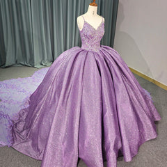 Misshow Purple Tulle Princess Ball Gown V-Neck Spaghetti Straps with 3D Floral Lace & Sweep Train for Quinceanera or Sweet 16